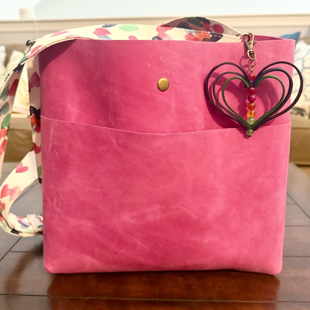 Pink leather Tote Bag with Heart Charm